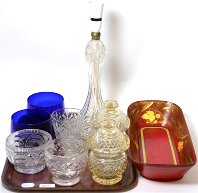 Lot 221 - A group of 19th century and later glass including finger bowls, sweet meat jars, table lamp...