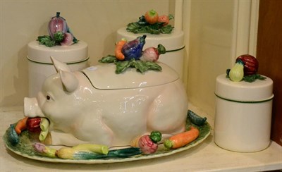 Lot 230 - Fitz and Floyd vegetable tureen in the form of a pig with oval platter and three graduated jars and