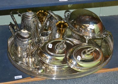 Lot 254 - Georgian silver ladle, silver hand mirror, pair of plated entree dishes, chafing dish, tea...