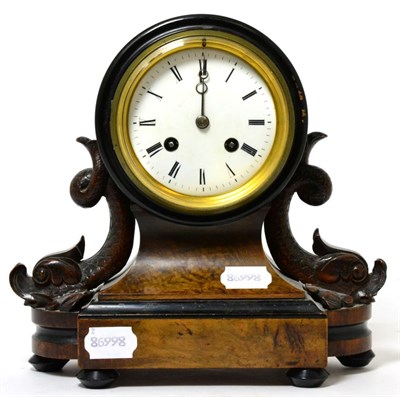 Lot 255 - A Victorian striking mantel clock, enamel Roman dial, twin-train movement, carved dolphin...