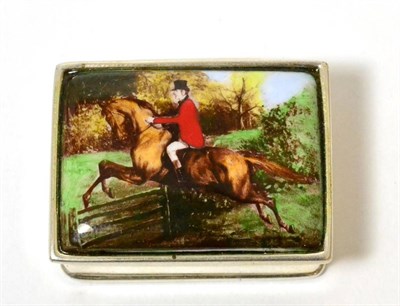 Lot 280 - A silver pill box with printed hunting scene to cover