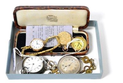 Lot 296 - A small lady's 9ct gold pocket watch, a 9ct gents wristwatch; two silver pocket watches and a...