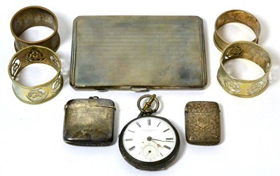 Lot 299 - A silver pocket watch, two silver napkin rings and two silver vesta cases