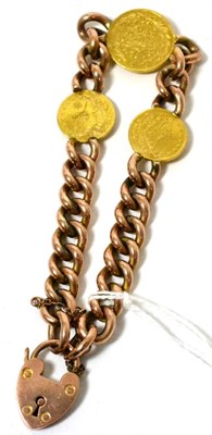 Lot 302 - A 9 carat gold bracelet with three Turkish gold coins, and a Turkish gold coin brooch (2)