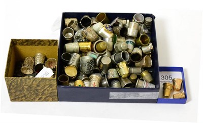 Lot 305 - A collection of thimbles including three gold examples, silver, pewter etc