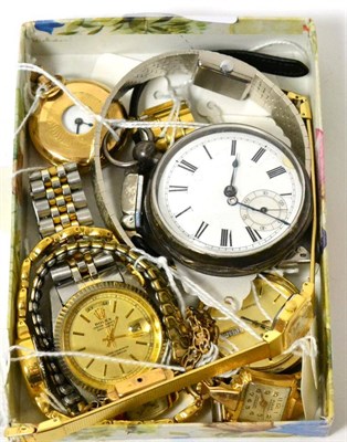 Lot 306 - A lady's wristwatch with case stamped 18K, fob watch stamped 14K, silver pocket watch and seven...