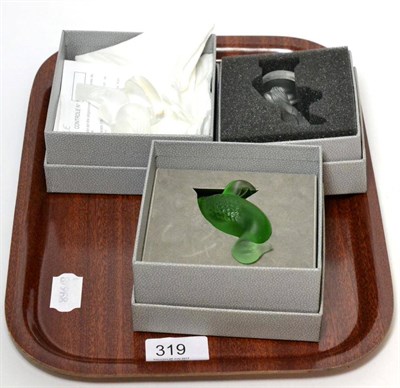 Lot 319 - Three Lalique glass models, love birds, kingfisher and duck (all boxed) (3)