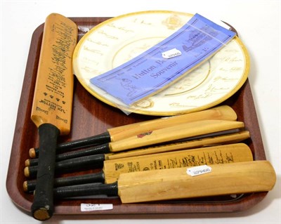 Lot 321 - Collection of miniature cricket bats (6), printed with signatures, a 1953 commemorative plate and a