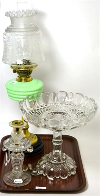 Lot 326 - A Victorian oil lamp with green glass reservoir and etched glass shade, a glass lustre...