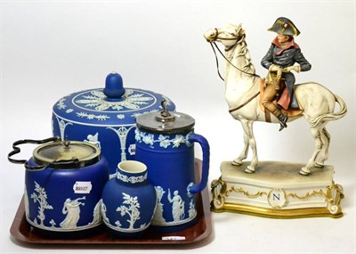 Lot 342 - A Wedgwood style blue jasper cheese dome; a Wedgwood hot water jug and two Adams examples; and...