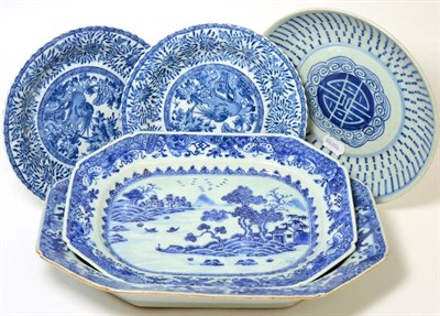 Lot 347 - Two Chinese export octagonal plates, a blue and white circular plate, and a pair of plates (5)