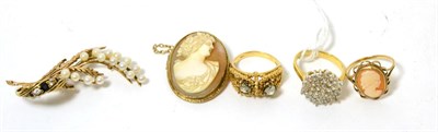 Lot 364 - A 9ct gold cultured pearl set brooch, a cameo brooch, a cameo ring, a 9ct gold diamond and sapphire