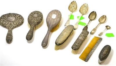 Lot 370 - Two silver berry spoons, Newcastle and Edinburgh silver spoons, mustard spoon and silver backed...