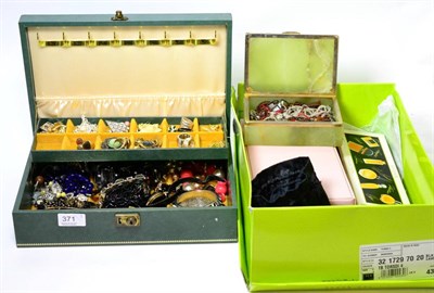 Lot 371 - Costume jewellery, including clip earrings, beaded necklaces and brooches, contained in two...