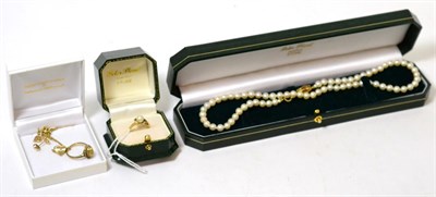 Lot 409 - A 9ct gold diamond set heart shaped pendant and earring set, a 9ct gold cultured pearl ring, a...