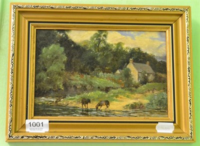 Lot 1001 - H Peach, 20th century, Horses by a river with a cottage in the background, oil on board, signed...