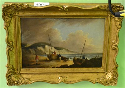 Lot 1002 - English School (late 18th/early 19th century) Beach scene with figures and boats, oil on panel,...