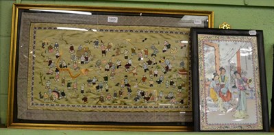 Lot 1005 - A Chinese embroidered silk panel; and a framed porcelain panel