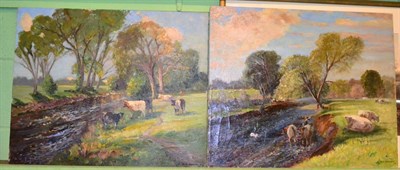 Lot 1015 - Gordon Clifford Barlow, Cattle watering in a summer landscape, oil on canvas, together with two...