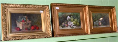 Lot 1019 - A pair of still life's of fruit, oils in gilt frames, together with a 20th century still life...