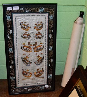 Lot 1022 - A Chinese scroll together with a silk framed needlework (2)