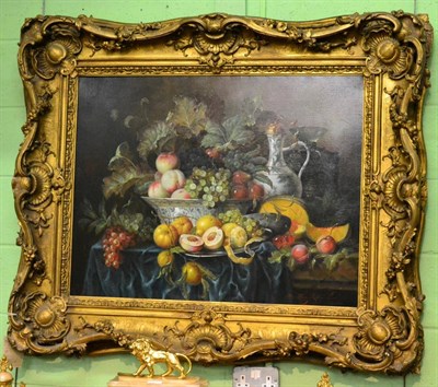 Lot 1028 - R Bennington (20th century), still life of fruit, oil on canvas, in a gilt rococo style frame