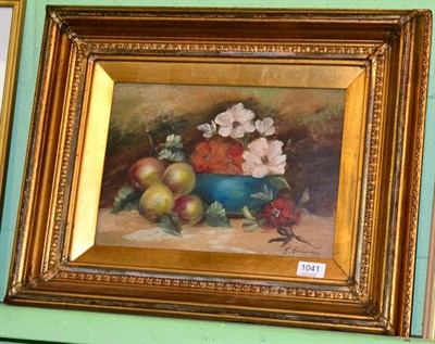 Lot 1041 - E Chester, still life of flowers and fruit, oil on board, signed lower right