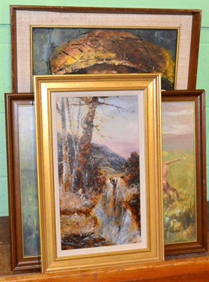 Lot 1046 - J Kirby, Highland landscape oil, M Barber, an oil study of dogs and a portrait of an oriental...