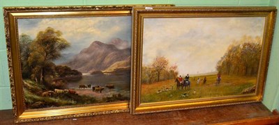 Lot 1047 - B Davies, highland cattle beside a loch, signed, oil on canvas together with a hunting oil signed G