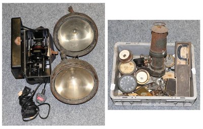 Lot 1068 - A group of miscellaneous items including a Thomas & Williams miners lamp, car clocks, metres,...