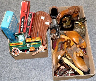 Lot 1077 - A group of miscellaneous including tin plate locomotive, vintage children's leather cricket...