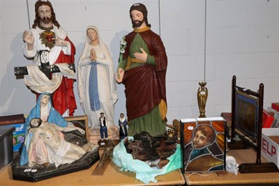 Lot 1108 - A quantity of religious items including plaster casts of Jesus, The Virgin Mary etc;...