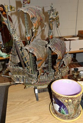 Lot 1128 - A model of a galleon and a Majolica jardiniere