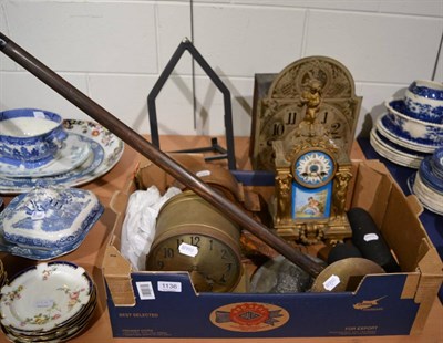 Lot 1136 - Three mantle clocks, a wall clock etc