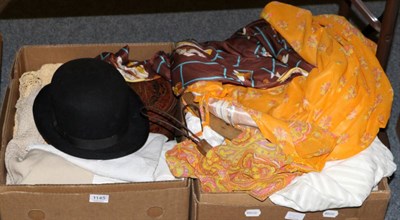 Lot 1145 - A quantity of white linen, lacquered box, bowler hat and a quantity of textiles (three boxes)