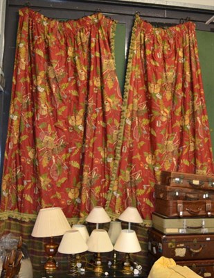 Lot 1155 - A pair of good quality, double lined curtains with fringe trim, decorated with fishing motifs;...