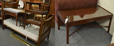 Lot 1189 - An Edwardian inlaid mahogany single bedstead, a modern coffee table and a brass fender (3)