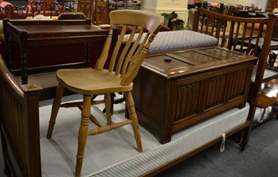 Lot 1190 - A 1920's/30's linen fold carved three panel oak blanket box, together with a small quantity of...