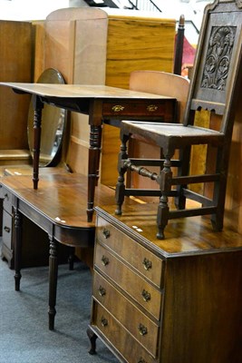 Lot 1193 - A 19th century mahogany D end table, a Pembroke table,  a carved hall chair initialled to the...