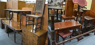 Lot 1197 - A group of furniture comprising a Georgian fold over tea table, a carved wooden Chinoiserie...