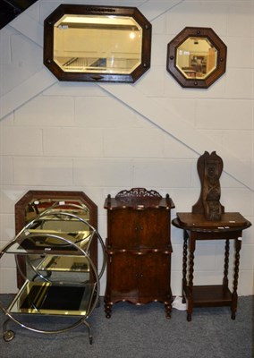 Lot 1222 - Two 1920's oak mirrors and occasional table of similar date, a carved oak wall bracket, a two...