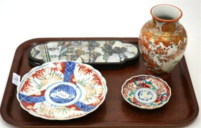 Lot 72 - Japanese Satsuma vase, two Japanese Imari dishes and two Japanese mother of pearl panels