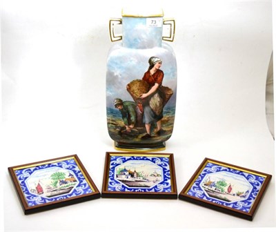 Lot 73 - A late 19th century Continental twin-handled porcelain vase and three Dutch tiles (4)