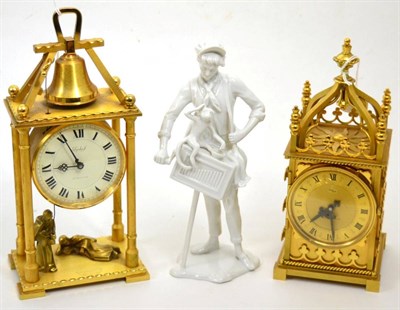 Lot 99 - Two IMHOF mantel clocks, each in gilt brass case and a Continental white and glazed porcelain...