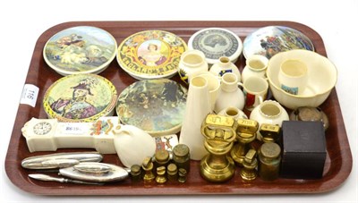 Lot 116 - Six various pot lids, small collection of Goss and other souvenir china, silver mounted...