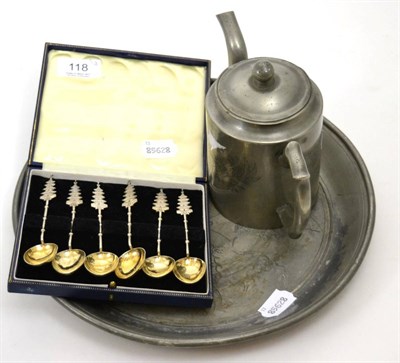 Lot 118 - A set of six Chinese silver teaspoons with pagoda finials; and a 19th century Chinese pewter teapot