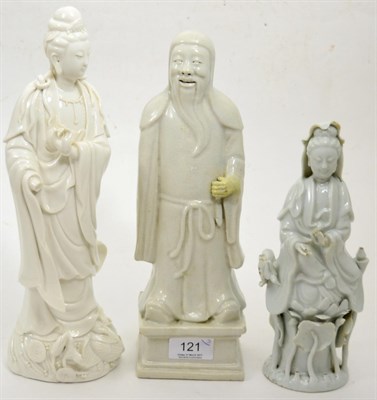 Lot 121 - Three Chinese blanc de chine porcelain figures; two as Guanyin and one as a sage (3)