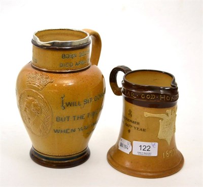 Lot 122 - Doulton Lambeth Disraeli commemorative jug with silver rim and similar Victoria Diamond Jubilee jug