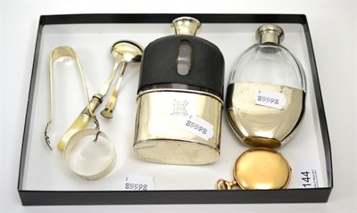 Lot 144 - Two hip flasks, napkin ring and a Waltham pocket watch etc