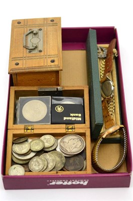 Lot 145 - A 9ct gold Tudor wristwatch, two watches, a Victorian brooch and two small wooden boxes of coins